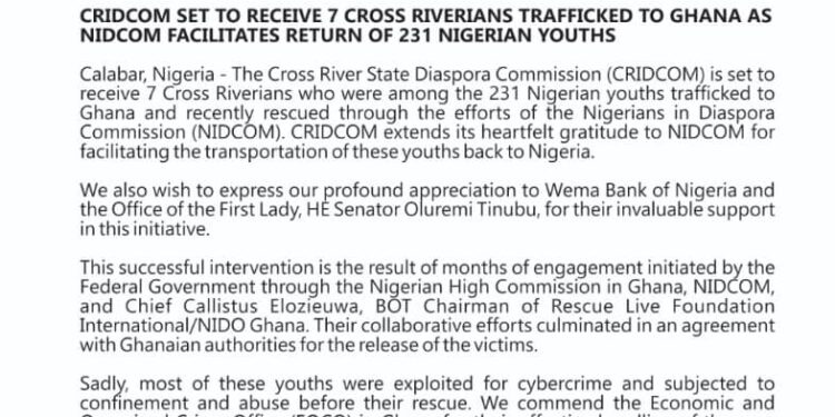 CRIDCOM Set To Receive 7 C’Riverians Trafficked To Ghana As NIDCOM Facilitate Return Of 231 Nigerian Youth